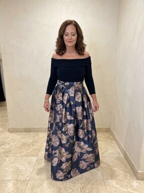 Jessica Howard Off The Shoulder Gown with Jacquard Floral Skirt